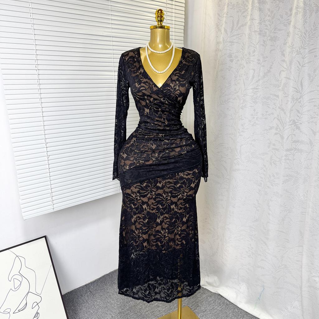 Autumn French Elegant Sexy Lace Hollow V-Neck Long Sleeve Waist Skinny Fishtail Dress Long Dress Women