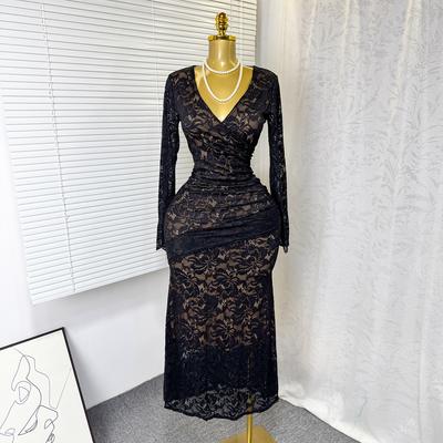 Autumn French Elegant Sexy Lace Hollow V-Neck Long Sleeve Waist Skinny Fishtail Dress Long Dress Women
