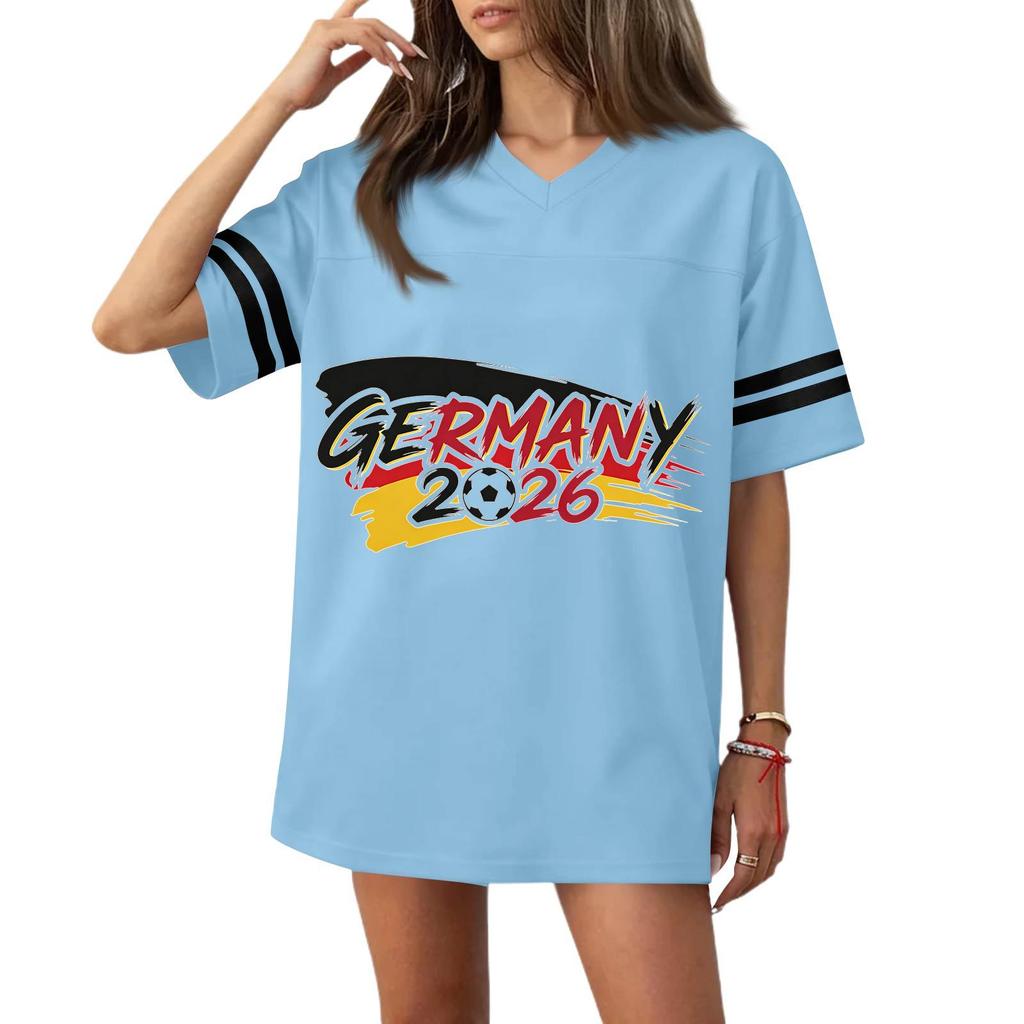 Women’s Casual V Neck Soccer Jersey Style Short Sleeve T Shirt with Germany Flag Print and 2026 Football Graphic Top