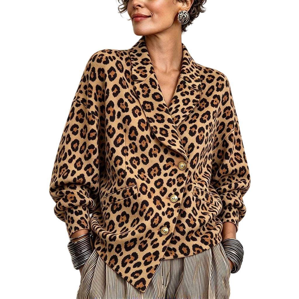 Women's Leopard Print Button Front Cardigan with Collared Neckline for Casual Wear