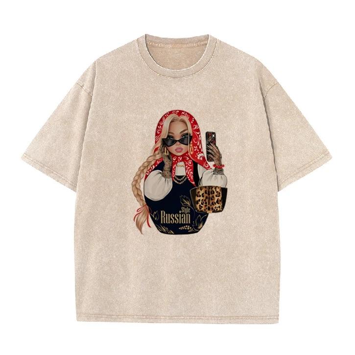 

Fashion Russian Style Babushka Doll Print Tshirt Vintage Washed Casual Loose Short Sleeve Streetwear Tops S