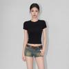 Short front shoulder crew neck T-shirt women's summer minimalist versatile slim fit tight pure desire style American Spice Girl top