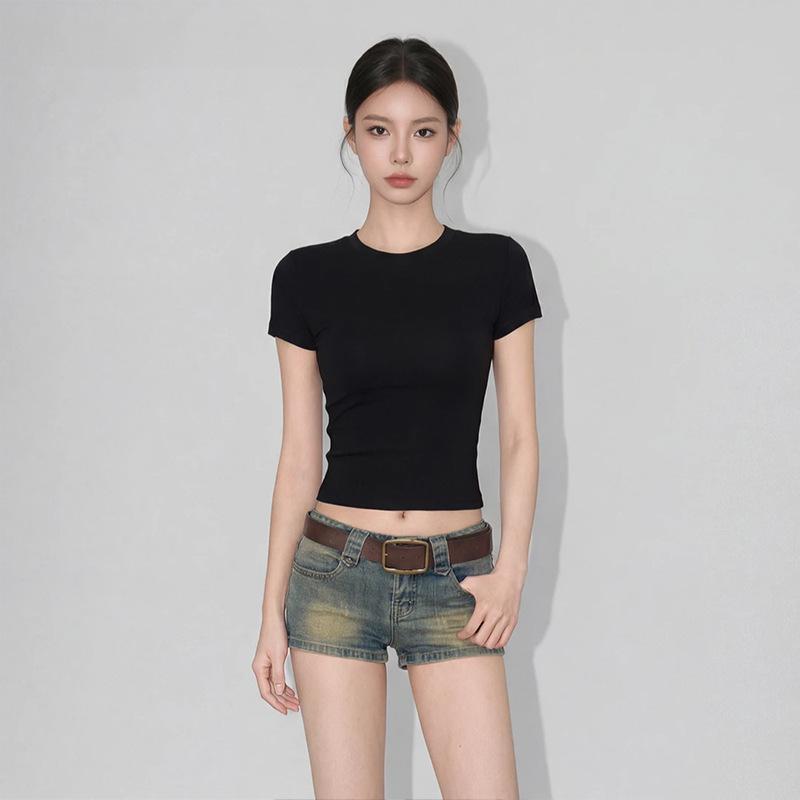 Short front shoulder crew neck T-shirt women's summer minimalist versatile slim fit tight pure desire style American Spice Girl top