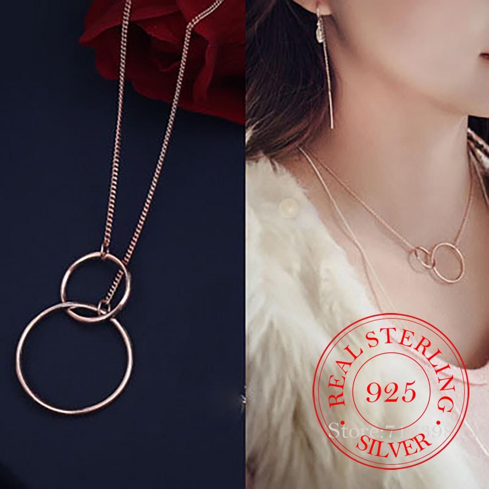 

925 Sterling Silver Double Circle Interlock Clavicle Short Necklace silver 925 Jewelry For Women collares para mujer plata 925 рожевий колір золота