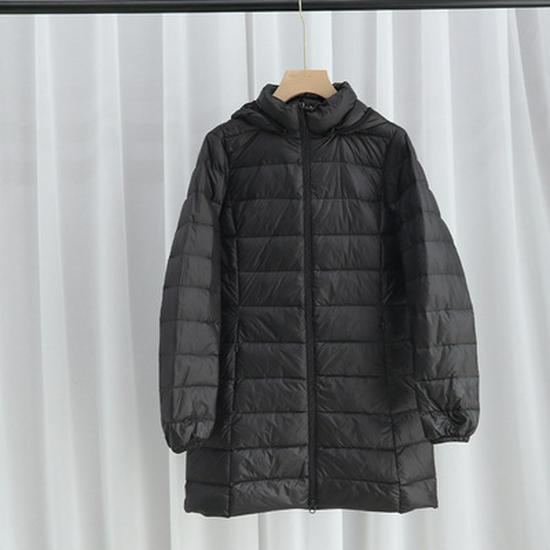 Women's Mid-Length Slim Fit Hooded Down Jacket, Flattering Plus Size, Lightweight with Detachable Hood
