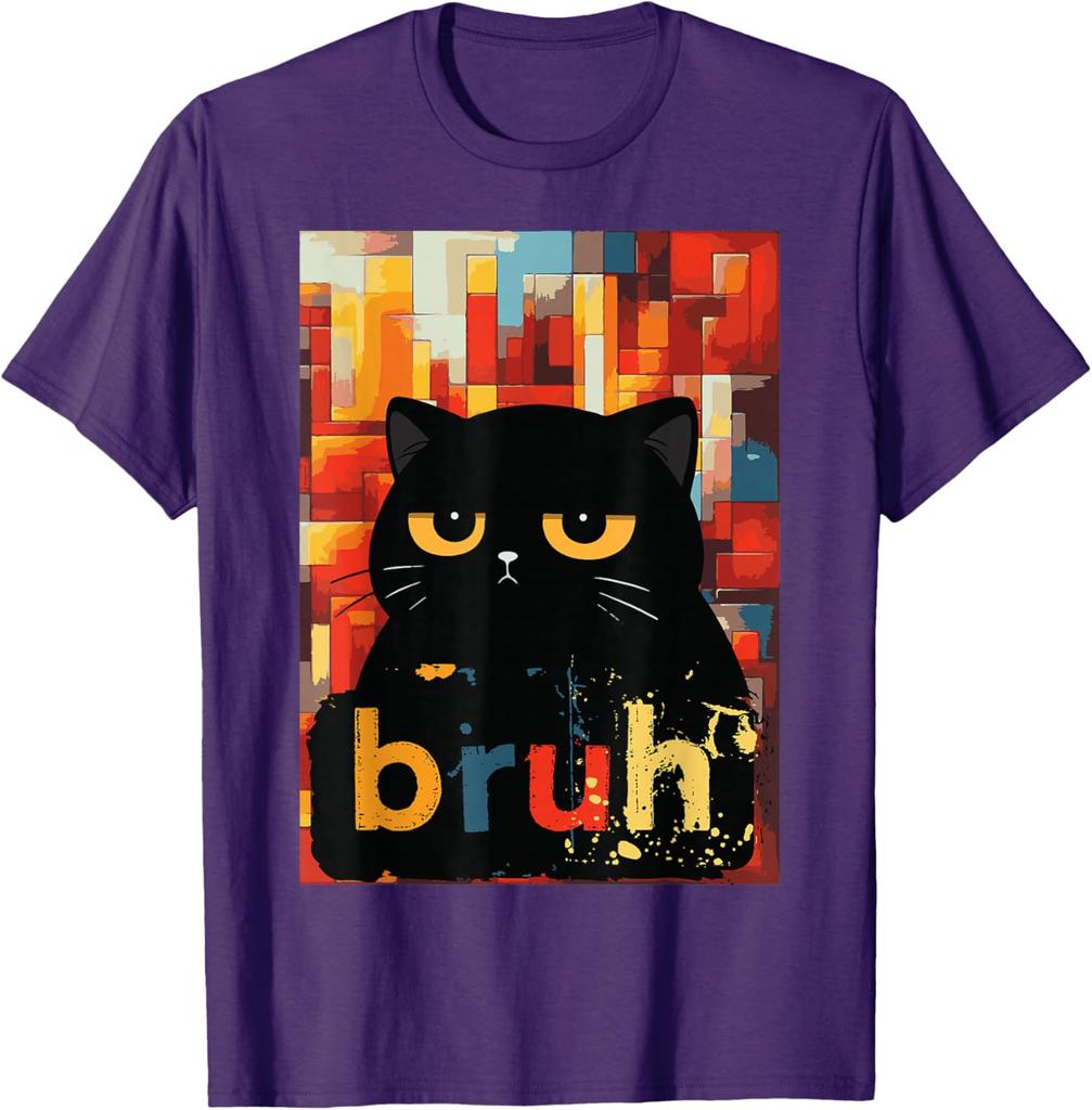 Bruh Black Cat Funny Meme Graphic TShirt Casual Short Sleeve Cotton Crew Neck Tee