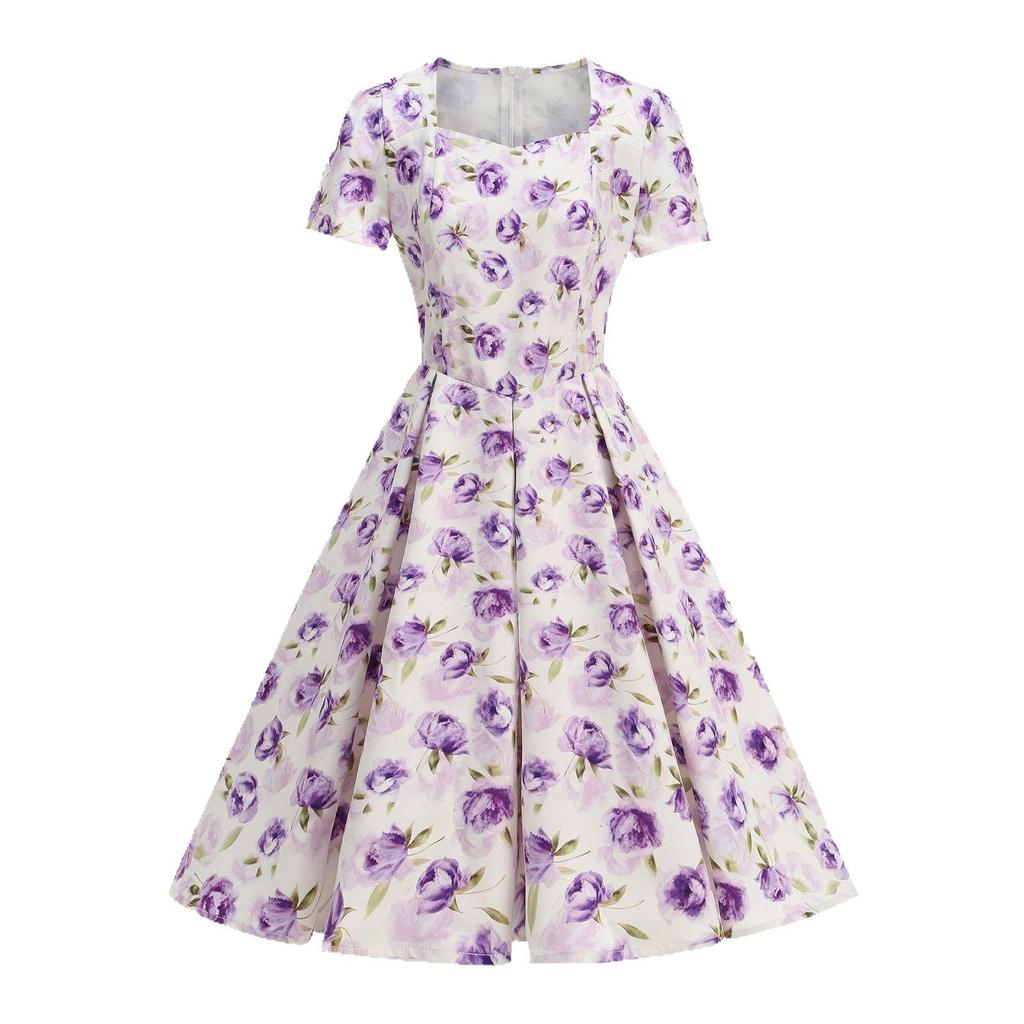 Letnia sukienka z kwadratowym dekoltem i nadrukiem w stylu vintage Hepburn