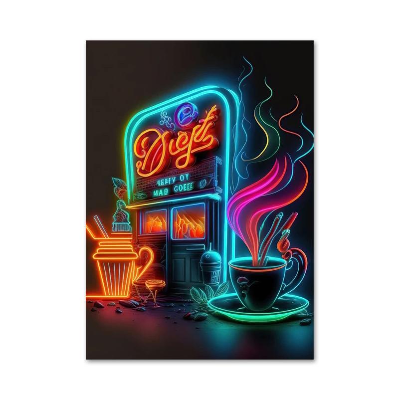 Colored Neon Lights Food and Beverage Posters Prints Hamburger Pizza Fruit Canvas Paintings Wall Art for Kitchen Home Decor