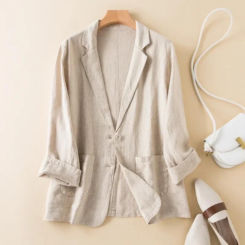 Costume Court d'Été en Coton et Lin Blazer Femme Mode Manteau Fin Manches Trois-quarts Vestes Blazers Décontractées