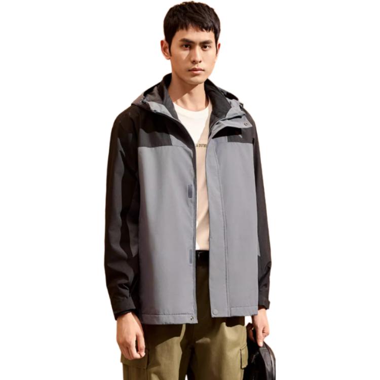 Anta Three In One Detachable Hooded Color Block Zipper Warm Waterproof Jacket Men Outerwear Castle-Gray Mud-Lime 152447629-6