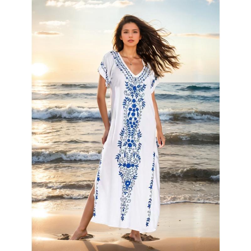 Plus Size Women's Beach Holiday Blouse Vintage Style Embroidered Long Dress