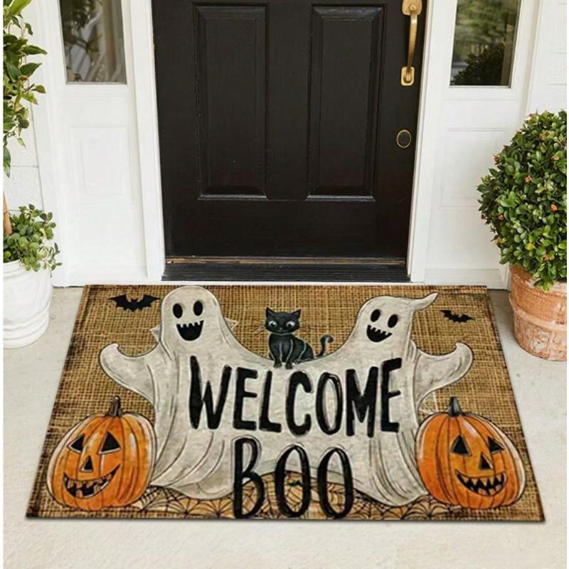 Halloween Ghost Bat Pumpkin Cartoon Welcome Doormat Carpet Rug Washable Home Decor for Outdoor Front Door Kitchen Garden