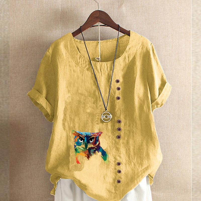 Women's Fashion Round Neck Short Sleeve T-shirt Casual Cotton Linen Graphic Shirt Leisure Owl Prined Summer Blouse Tops
