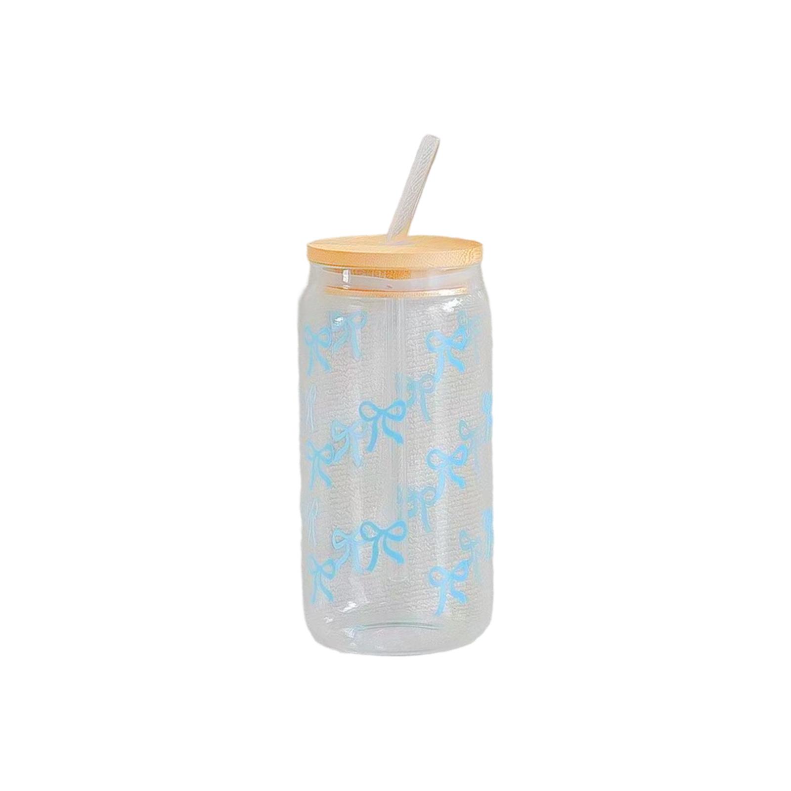 

Glass Tumbler with Lid and Straw Reusable Drinking Cup with Bow Pattern Leak Resistant Bamboo Top for Cold Beverages Water Juice Iced Coffee Tea