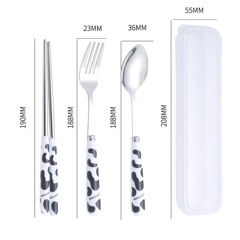 Ensemble de couverts portables en acier inoxydable, fourchettes, cuillères, baguettes, vache de dessin animé fraise, couverts de pique-nique en plein air, ustensiles de cuisine