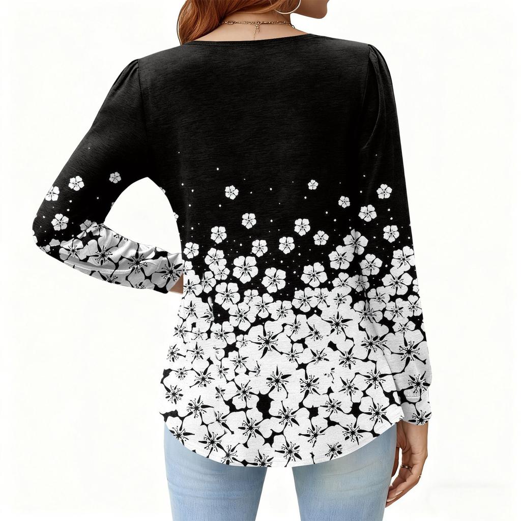 Γυναικείο Χαλαρό, V-λαιμόκοψη, Ρετρό Χρώμα, Μπλοκ με Φλοράλ Σχέδιο, Μακρυμάνικο Πουλόβερ T-shirt