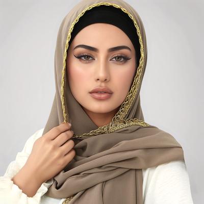 Premium Chiffon Hijab Sjaal Dames Moslim Hijabs Sjaal Glanzende Gouden Golvende Rand Lange Wikkels Hoofdband Bandana's Sjaals Turbante
