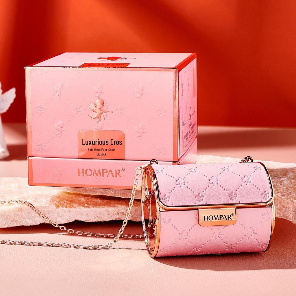 Hanbei'er Luxus Rosa Leder Ketten Tasche & Lippenstift Set: Nicht verblassender Weicher Nebel Feuchtigkeitsspendende Vierteilige Geschenkbox.