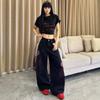 High-Waisted Black Denim Jeans Men Women Loose Straight Cut With Embroidered Dragon Motif Streetwear Hip Hop Style