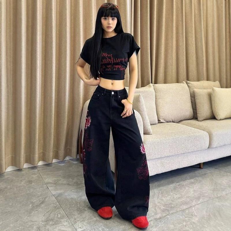 High-Waisted Black Denim Jeans Men Women Loose Straight Cut With Embroidered Dragon Motif Streetwear Hip Hop Style