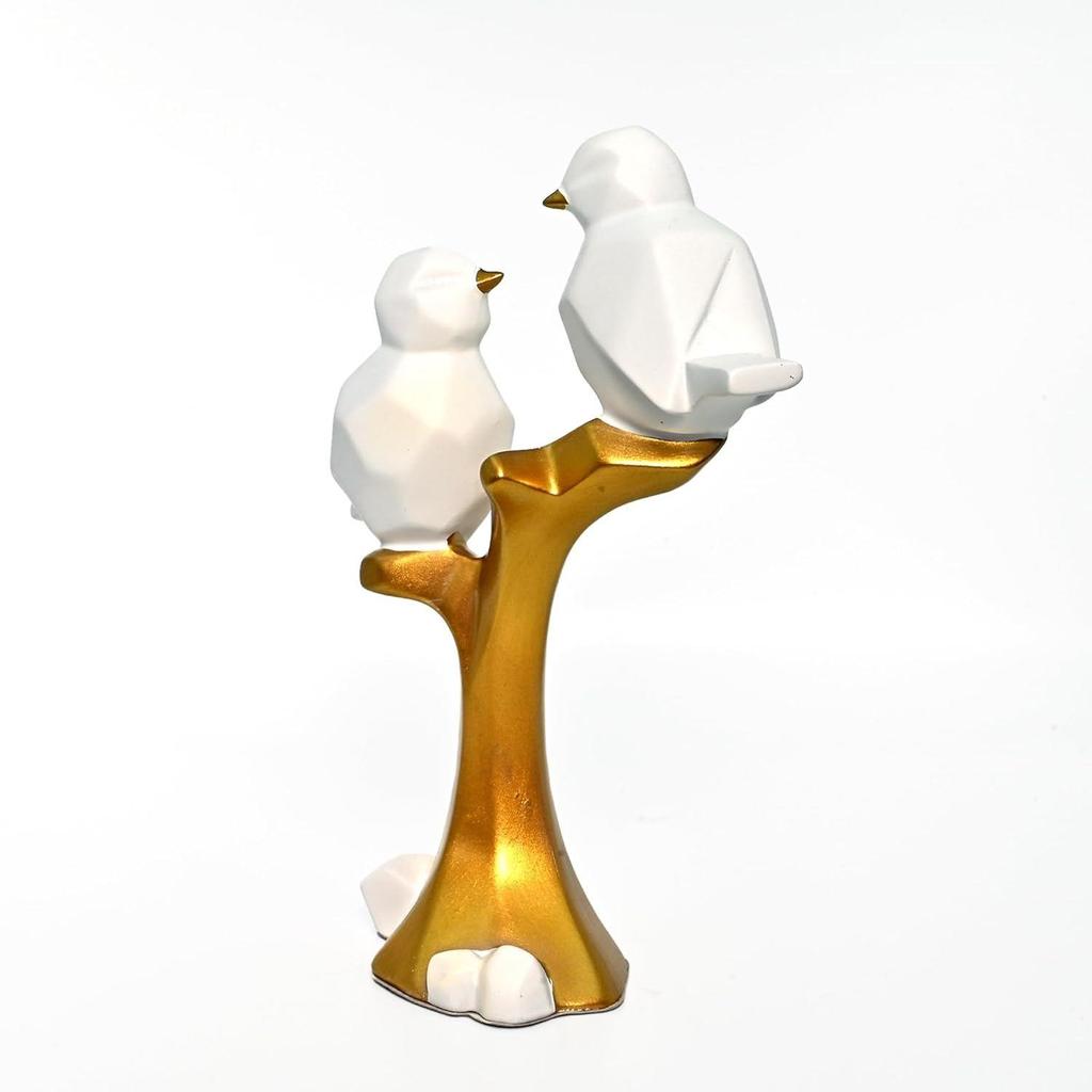 Ceramic Couple Birds Statue for Home Decor - Aesthetic Showpiece - Decorative Sculpture for Home Decor & Office Decor - 18x3x22 CM, White and Gold