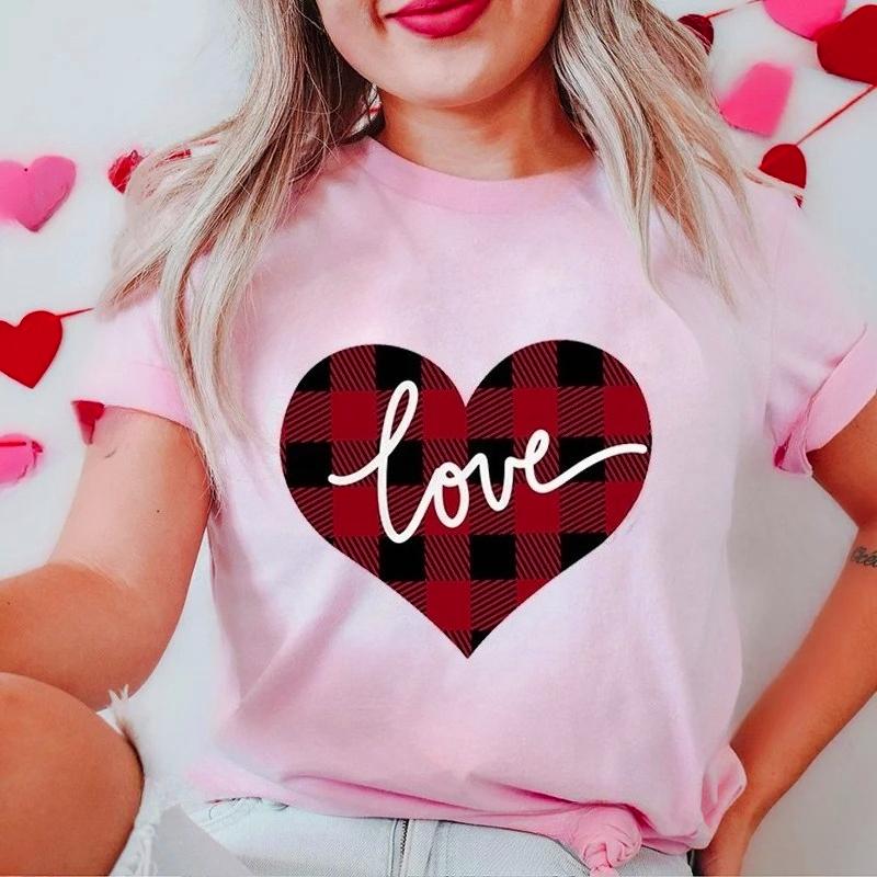 New Women's T-Shirts Clothing Valentine Leopard Love Heart Print Tees Breathable Tshirt Loose Top Harajuku Casual Short Sleeve