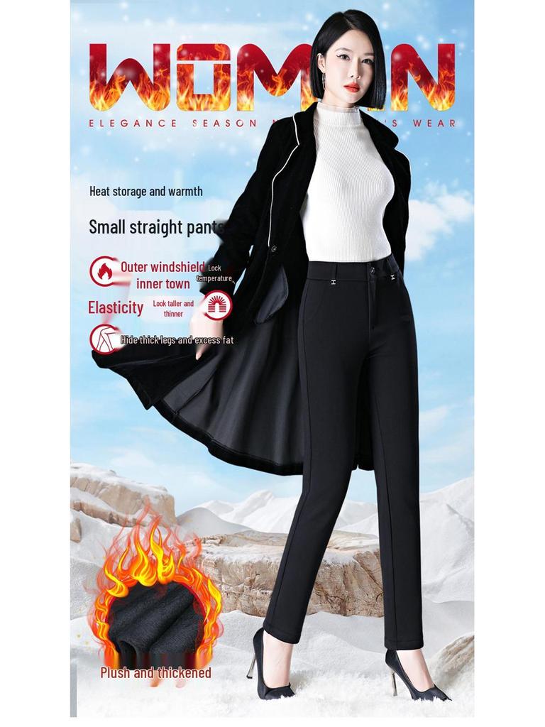 Fleeceforede vinterbukser med rette ben og elastikk for kvinner - Varme, løse, allsidige