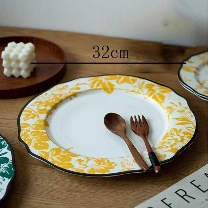 Keramikteller im europäischen Stil, Vintage, üppiger Blumendruck, westliches Essen, Speiseteller, Nachmittagstee, Dessertteller, Geschirr