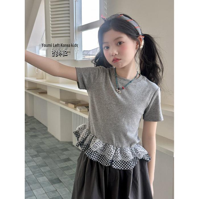 Girls Lace Patchwork Short-Sleeve T-Shirt - 2026 Korean Chic Summer Style 120 cm