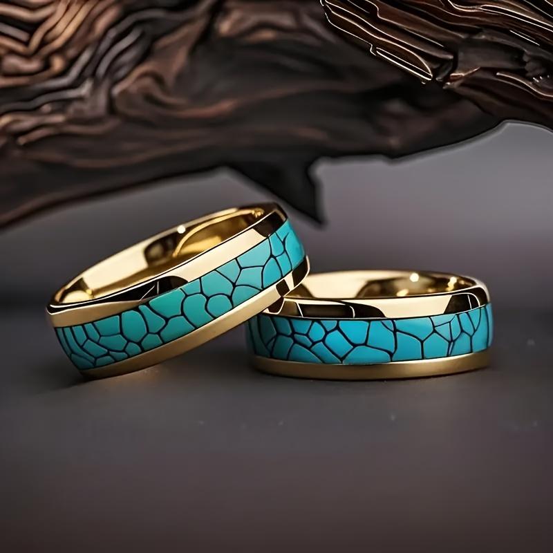 Stylish Unisex 316L Stainless Steel Wedding Ring - Golden Plated with Simulated Turquoise Inlays, December Birthstone, Elegant Bohemian Design for Cas