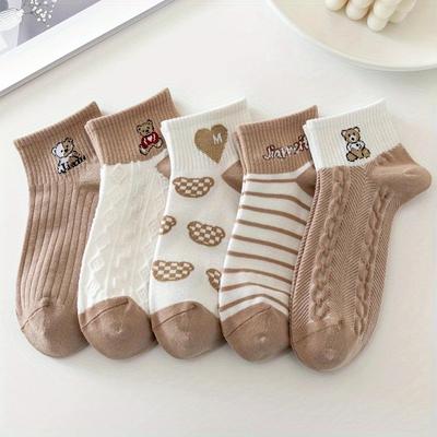 5 Pairs/Lot Socks Women's Short Ankle Low Cut No-Show Foot Cute Bear Hearts Print Cotton Breathable Set Casual Retro