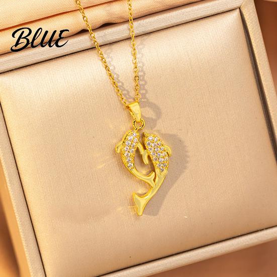 Couple Fish Necklace Double Rhinestone Pendant Lightweight Hypoallergenic Women Jewelry