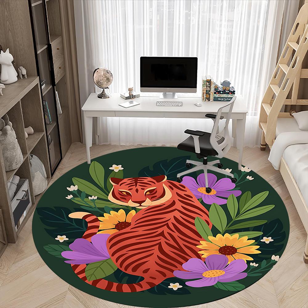 1pc Tiger Flowers Office Round Area Rug, Mat Suitable For Office, Under Office Chairs Bedroom Living Room Home Decor, Room Deco