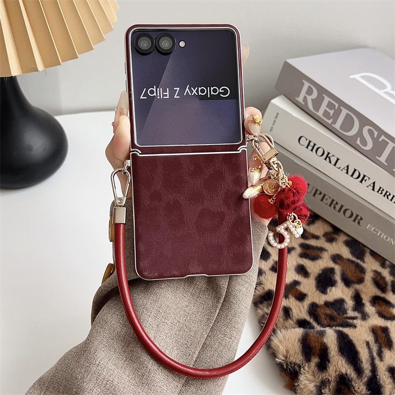 Samsung ZFLIP7 Leopard Print Case with Silver Edge & Hand Strap - Fits ZFLIP6/5