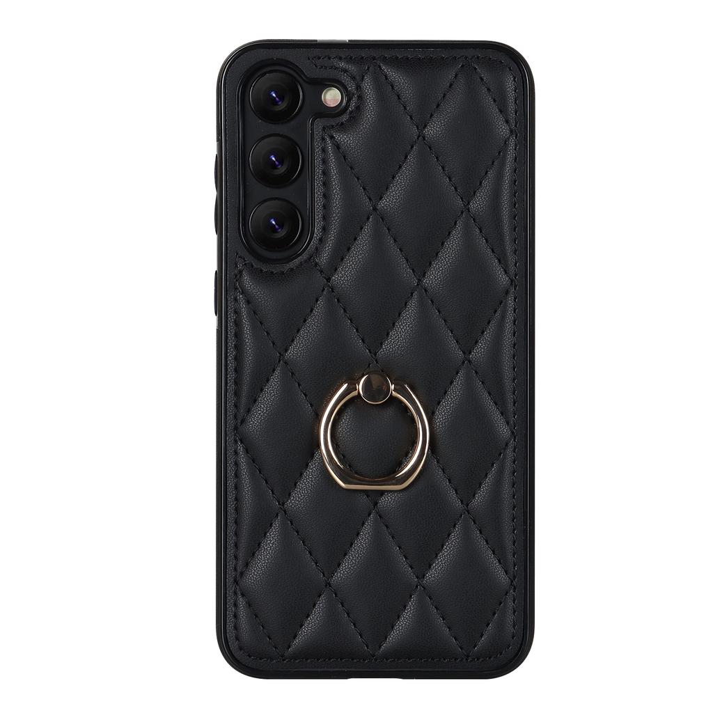 For Samsung Galaxy S23 Phone Case PU Leather+TPU Imprinted Rhombus Grid Pattern Back Cover with Ring Kickstand