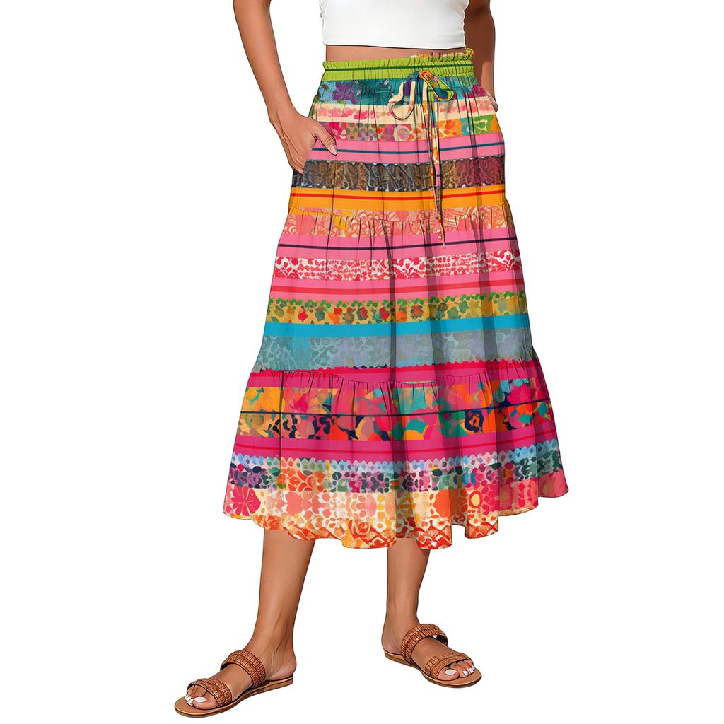 Womens Maxi Skirt Drawstring High Waisted Summer Long Skirts Lightweight Tiered Flowy Floral Pleated Skirts
