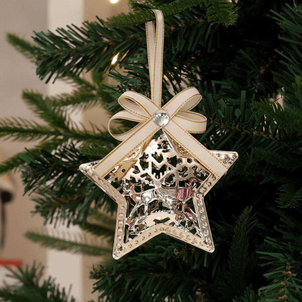 Gold Color Christmas Tree Pendant Star Design Snowflake Shape Icicle Ornaments Set Reindeer Motif Bell Accent
