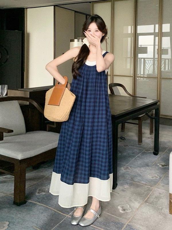 French Blue Plaid Sleeveless Summer Dress - Retro Forest Style Camisole