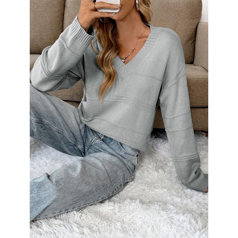 Women S Loose V Neck Solid Color Pullover Sweater