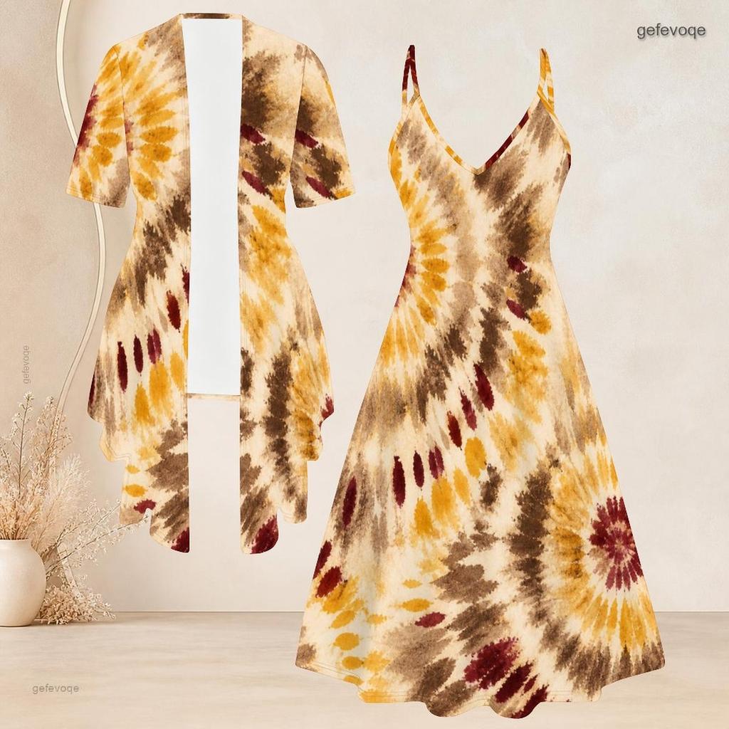Women Plus Size Printed Two Piece Set Short Sleeve Cardigan Strappy V Neck Flared Dress