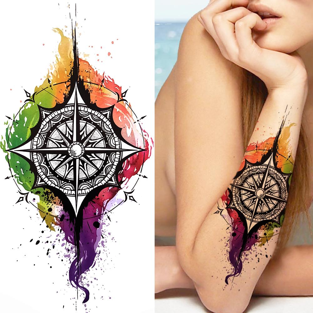 Tatuaggio temporaneo ad acquerello con albero della vita per donne, acchiappasogni, drago, foresta, peonia, adesivo per tatuaggio, finto pizzo, bussola, piuma.