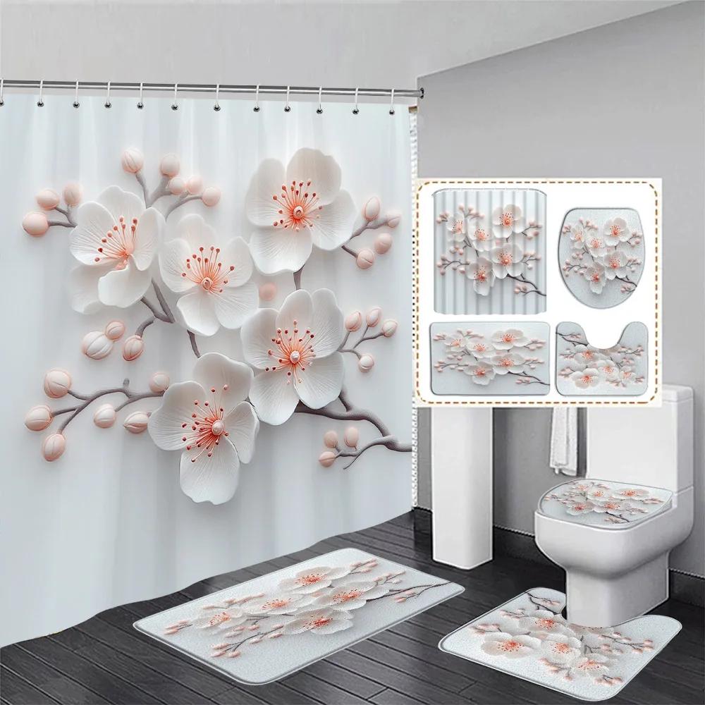 Luxury Pink Floral Butterfly Shower Curtain Set Diamond Flower Art Bathroom Decor Bath Curtains Bath Mats Toilet Lid Cover