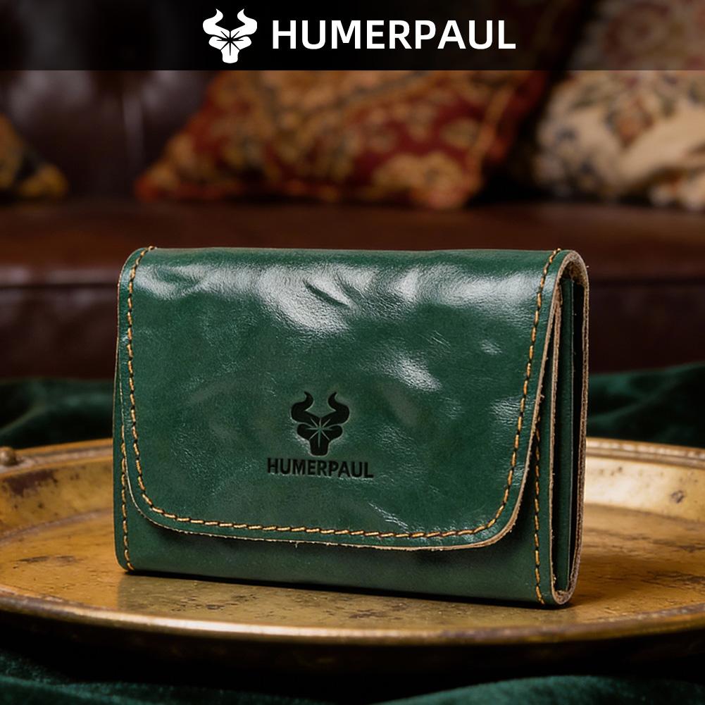 HUMERPAUL Ladies wallet first layer cowhide solid color convenient retro style short coin purse credit card storage leather solid color card case