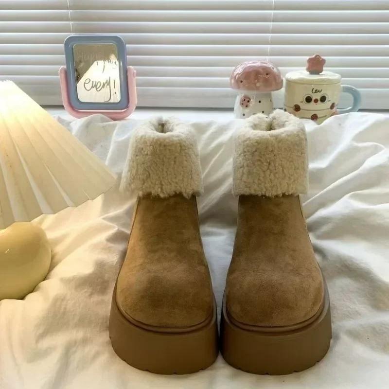 Platform Women's Snow Ankle Boots Suede Mid Heel Cotton Shoes Short Plush Warm Boots Trendy Winter Casual Boots