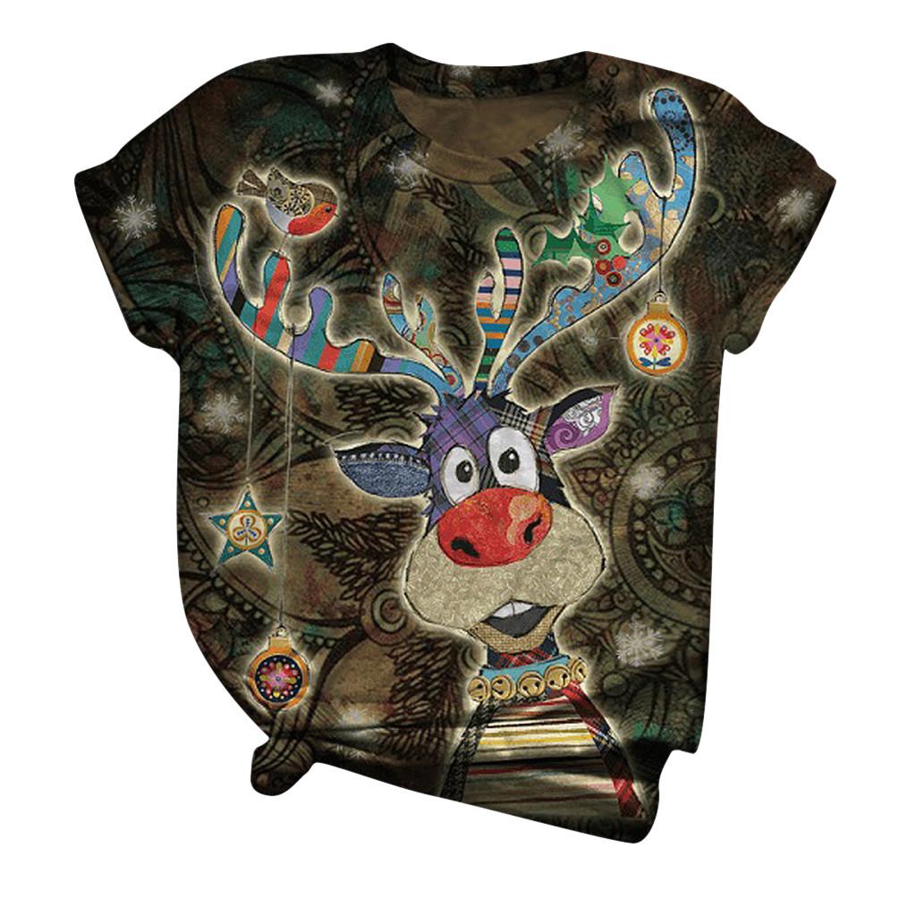 Plus Size Damska koszulka z krótkim rękawem 3D z nadrukiem świątecznym T-shirtowa bluzka