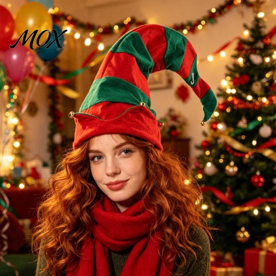 Comfortable Christmas Costume Hat Elf Pointed Hat, Striped with Pompom or Festive Red And Green Bells, Cosplay for Adults, Holiday Party