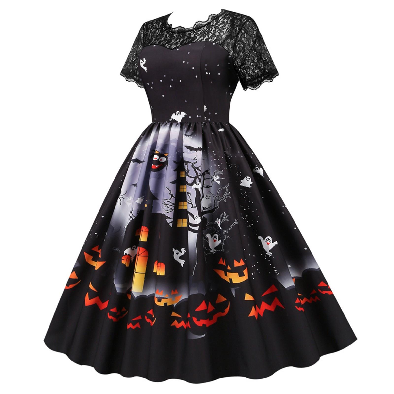 

Women s Casual Halloween Print V-Neck Zip Short Sleeve Lace Panel Swing Dress XXXL