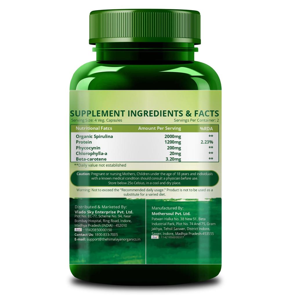 Vlado's Himalayan Organics Spirulina 2000 mg na porci - 10 rostlinných kapslí Superpotravina pro zvýšení energie