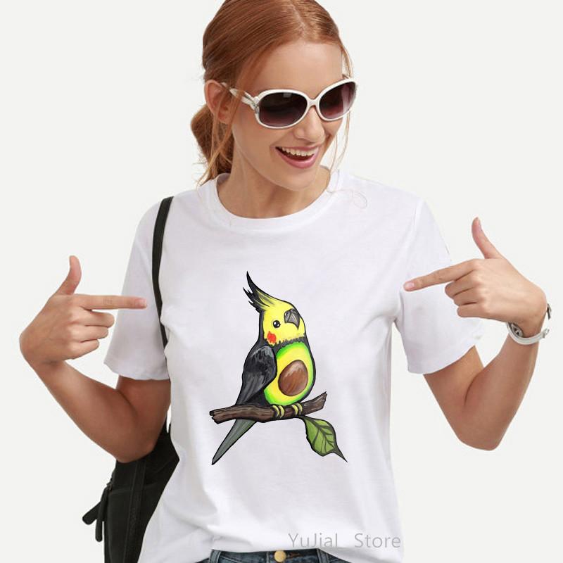 Akvarel Korela Papoušek Bird Print Dámské tričko Legrační avokádové tričko Femme Harajuku Kawaii Clothes Bílé tričko Žena