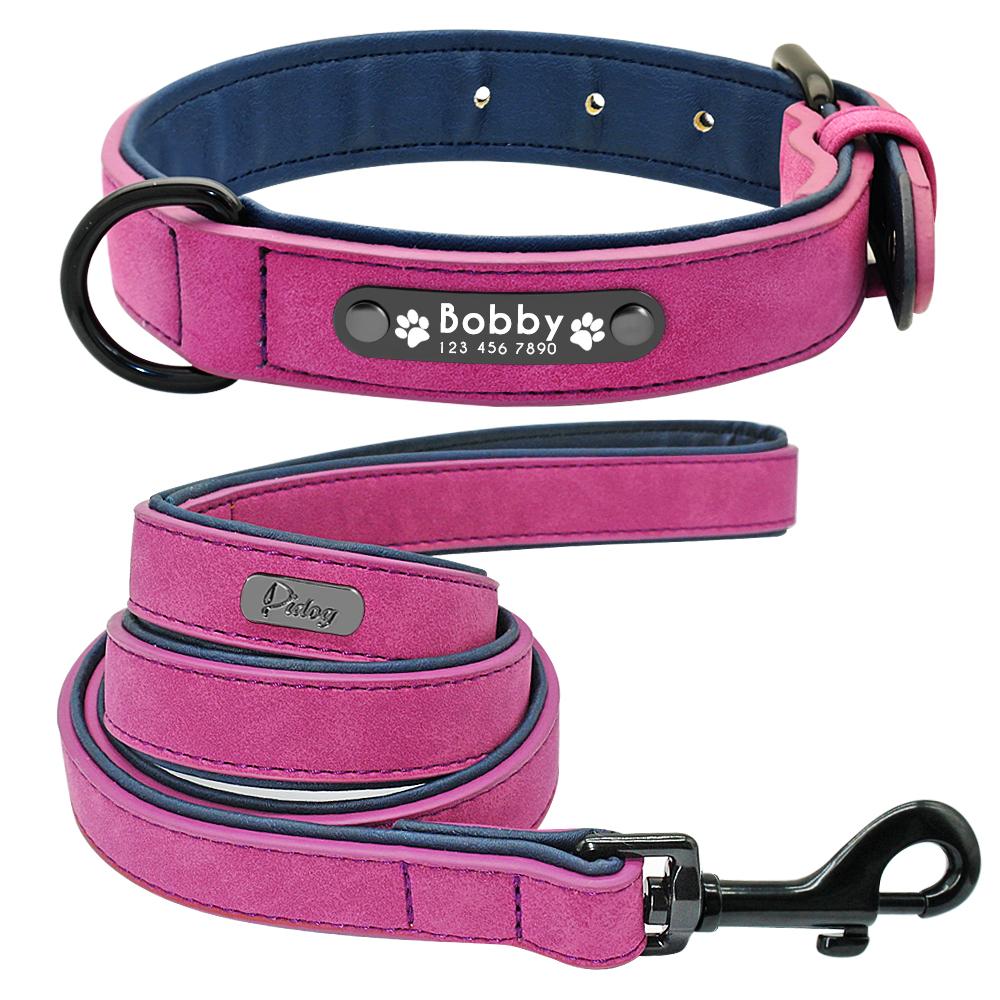 Personalized Dog Collar and Leash Leather Padded Customized Engraved Dogs Collars Lead Rope Set Bulldog Pitbull